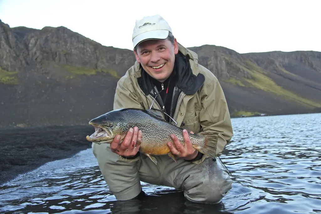 A guide in waders kneeling in shallow water at a lake, holding a brown trout, with dark mountains behind.